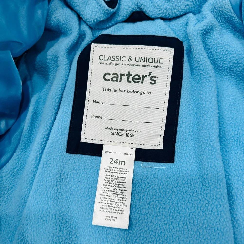 Carters 2T Kids Navy Blue Grey Fleece Lined Hooded Puffer Jacket 24M C2226536-LW